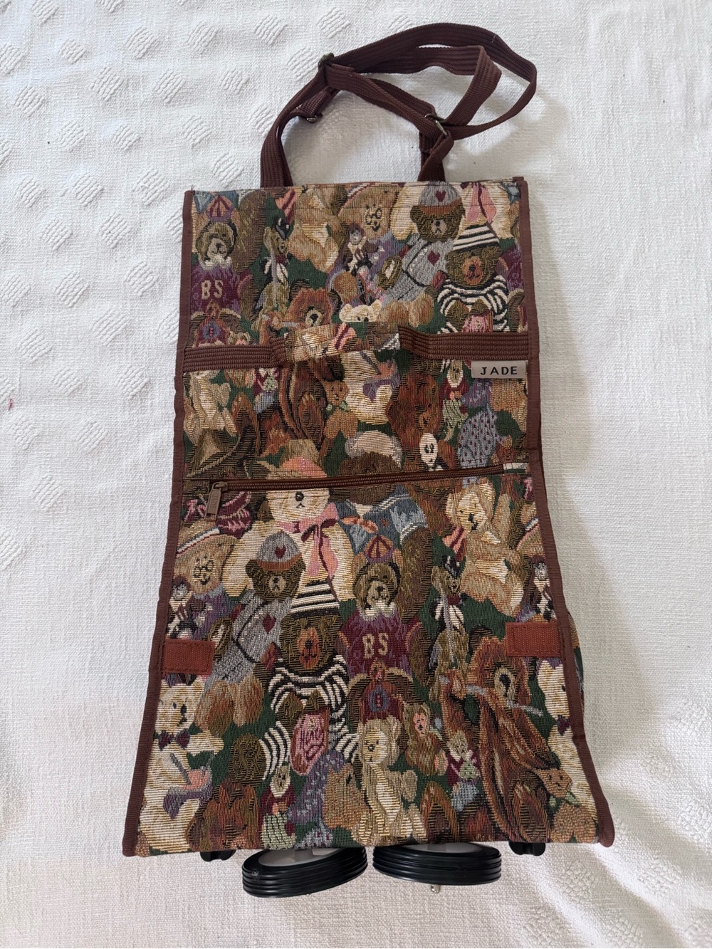 NEW-Teddy Bears L Rolling Tapestry Tote Lg Travel Bag Foldable Compact wWheels